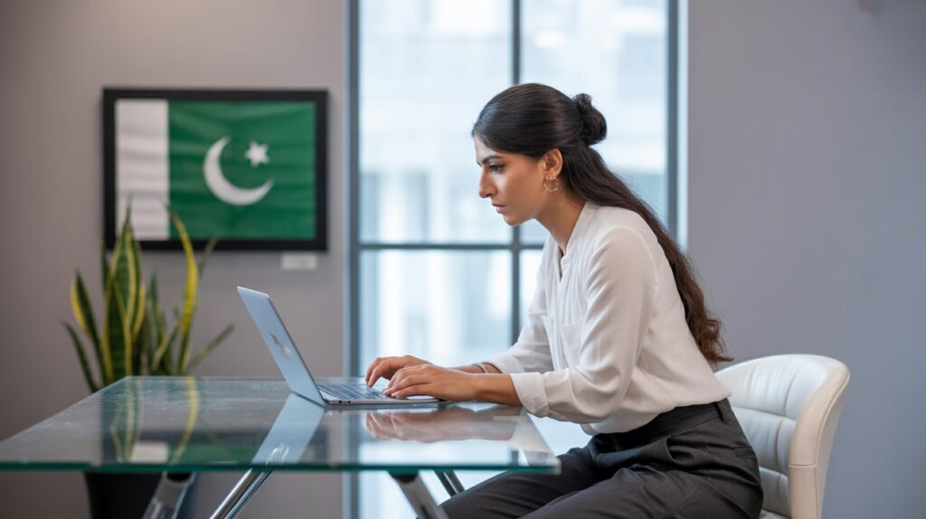 A young professional working on a laptop at home with a Pakistani flag in the background representing freelancing as a career in Pakistan today
