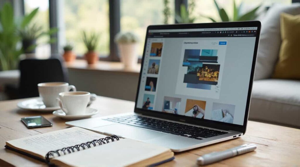 Workspace showing a laptop, notebook, and coffee cup for writing a blog post