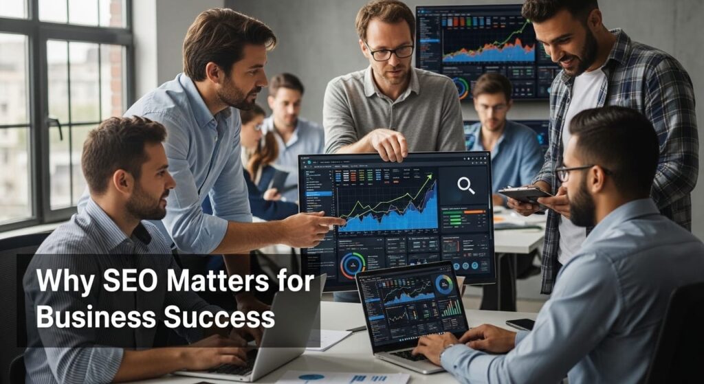 Professionals analyzing SEO data and charts in an office, showing how SEO helps business growth and online visibility