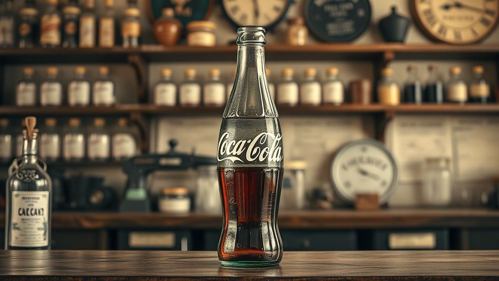 Vintage Coca-Cola glass bottle from 1886 on a wooden pharmacy counter