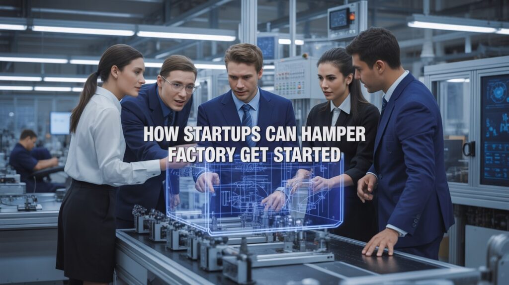 Startup team discussing plans in a modern factory with machines and assembly lines