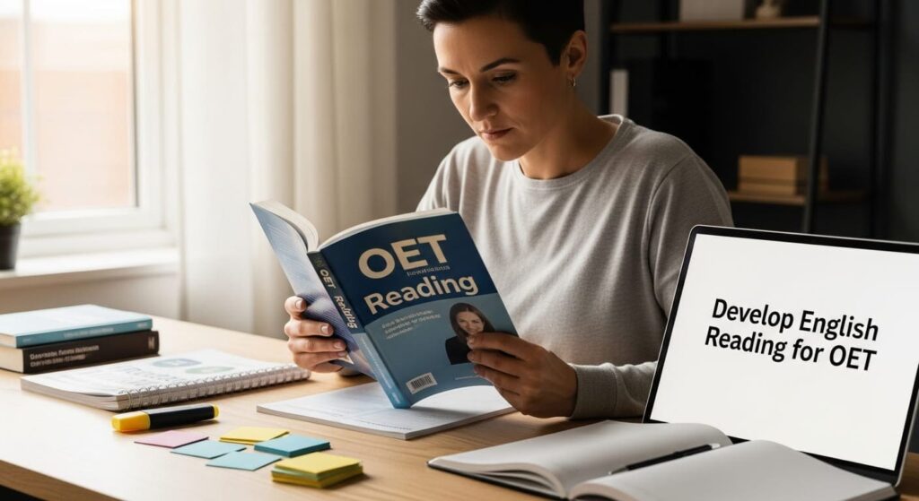 Student reading English textbook at a study desk with OET materials, improving English reading skills for OET test