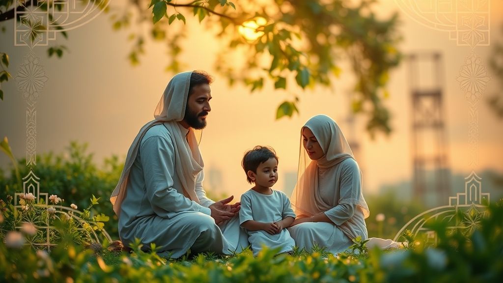 Muslim family reflecting at sunset with crescent moon symbol