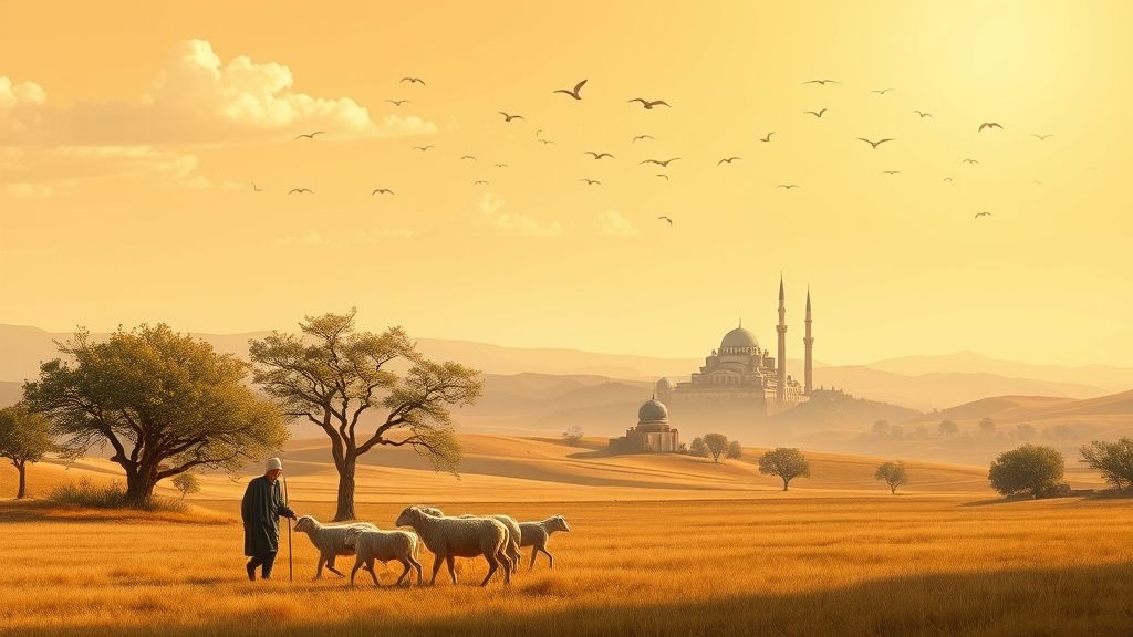 A Shepherd with a Sheep, Mosque, and Peaceful Landscape at Sunset