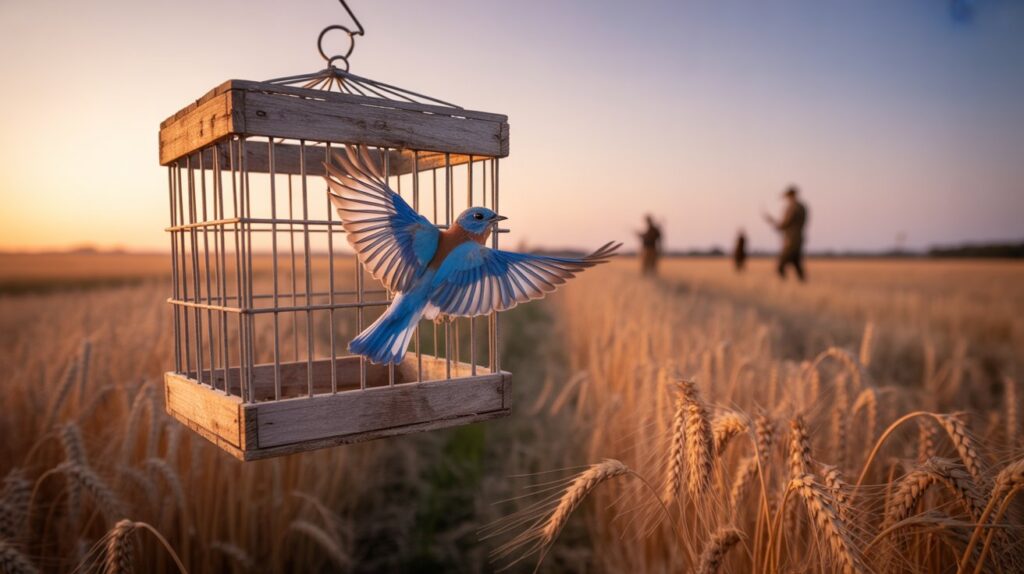 Bird flying from cage into open sky