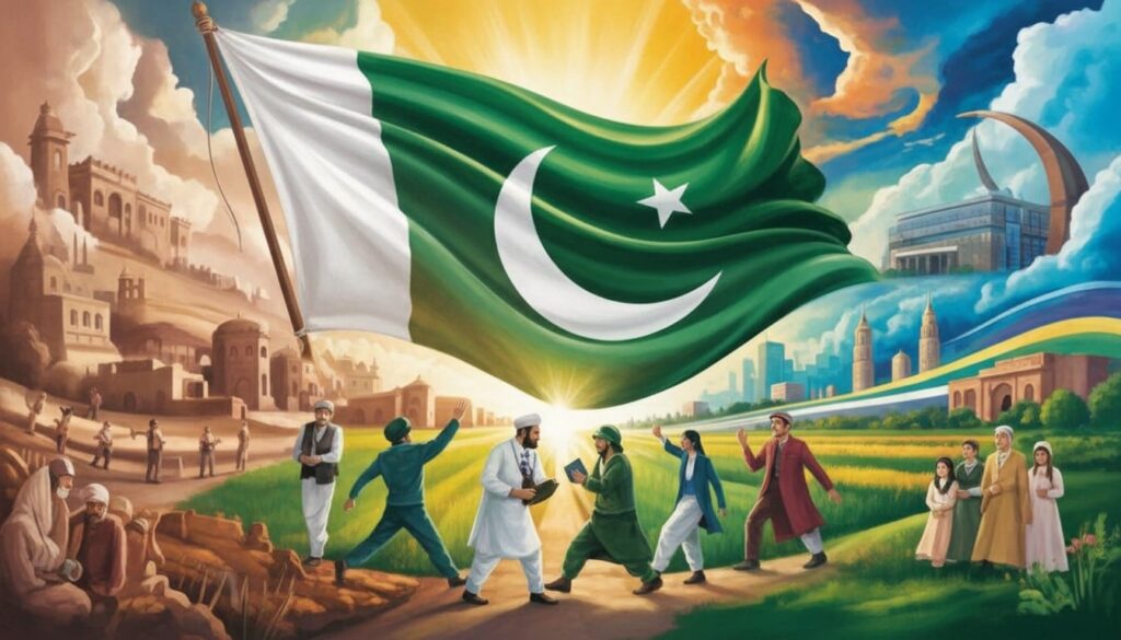 Pakistan’s 75-year independence journey showing people striving for progress, unity, and true freedom without foreign influence