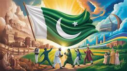 Pakistan’s 75-year independence journey showing people striving for progress, unity, and true freedom without foreign influence