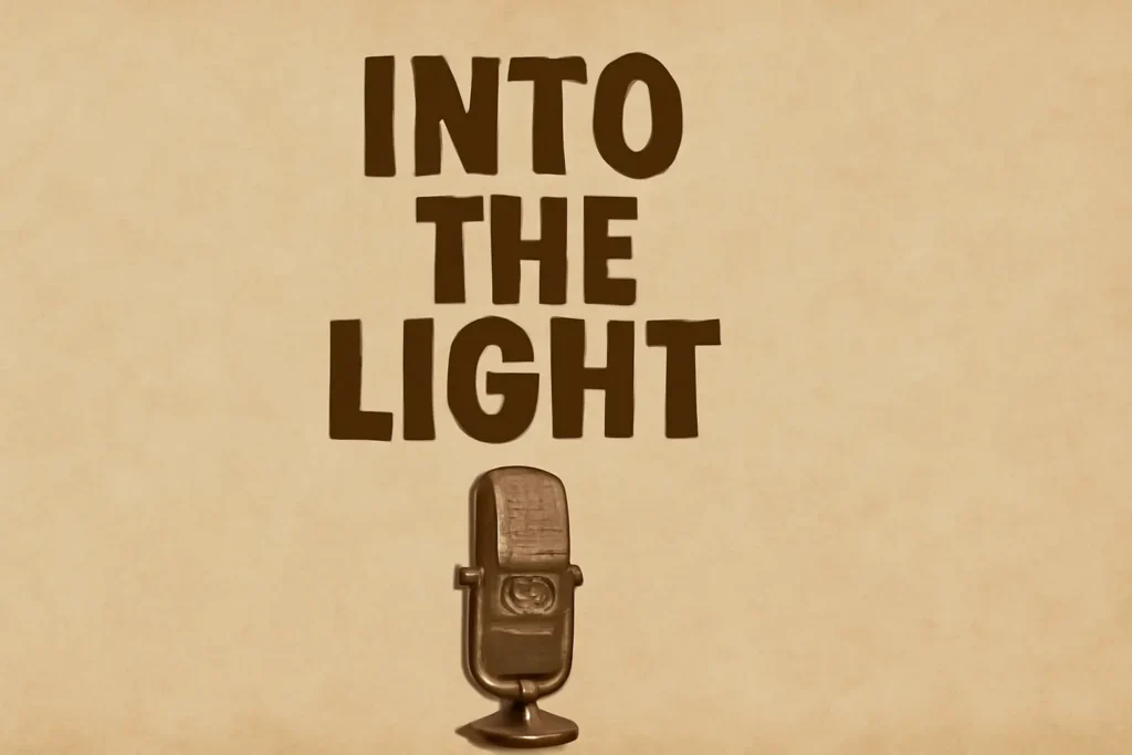 Vintage poster of Radio Pakistan's Into the Light documentary, featuring a classic microphone