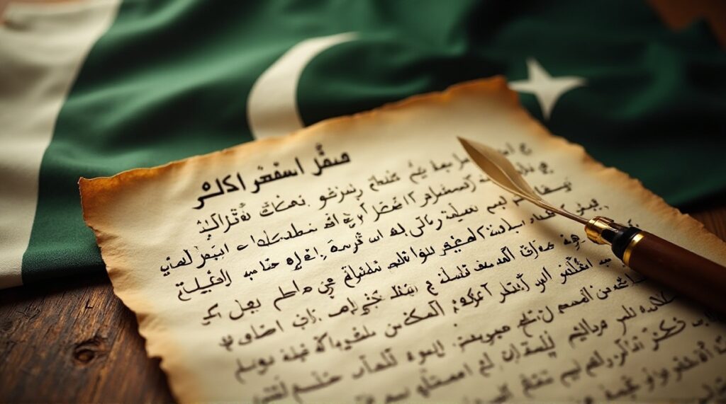A heartfelt letter to Jinnah with quill, portrait, and Pakistan flag in background