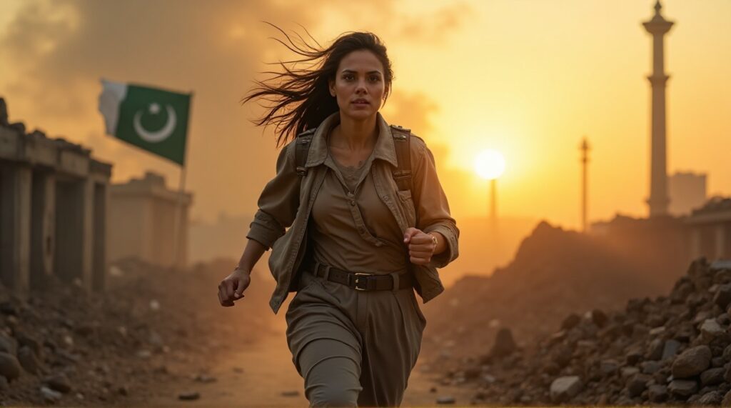 Pakistani woman running through ruins with flag in the distance, symbolizing hope and freedom