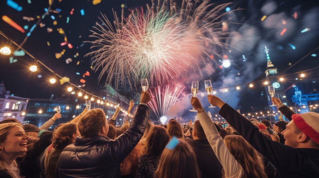 People celebrating New Year with fireworks and joyful atmosphere