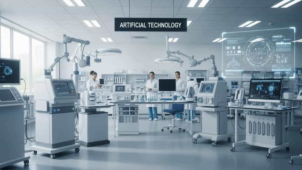 Advanced Artificial Technology in a modern medical laboratory with doctors observing futuristic medical devices