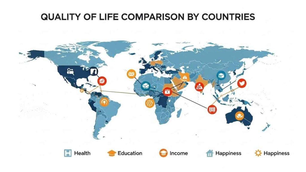 World map showing quality of life rankings by country with health, education, income, and happiness indicators