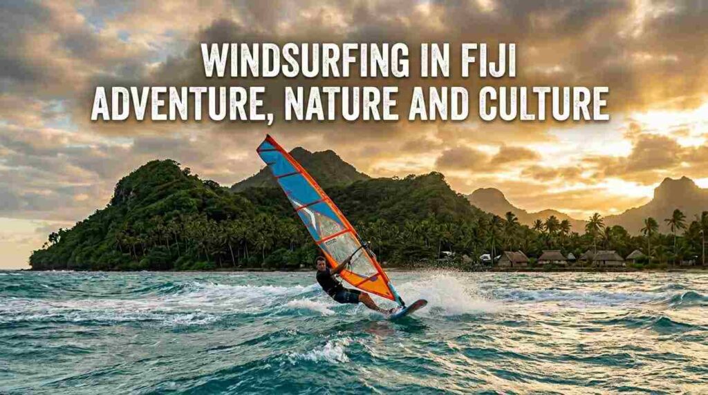 Windsurfing in Fiji with turquoise waves, tropical islands, and adventure nature culture scene