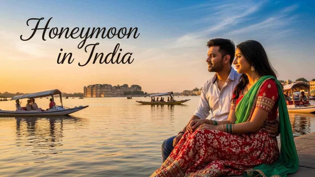 Couple enjoying a romantic sunset by a serene lake in Udaipur, India, with traditional boats