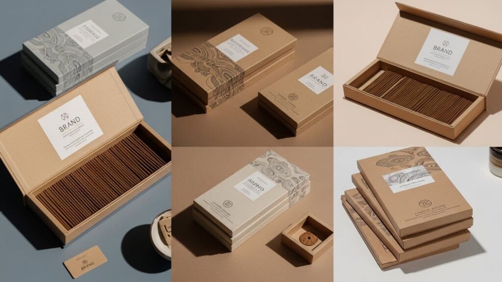 Custom incense boxes with premium materials and artistic designs, featuring neatly arranged incense sticks and elegant fragrance-protective packaging