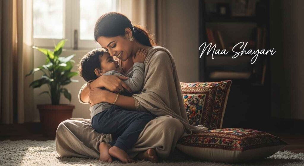 A loving Desi Maa with her child in a warm home setting, soft lighting, and a heartwarming emotional atmosphere