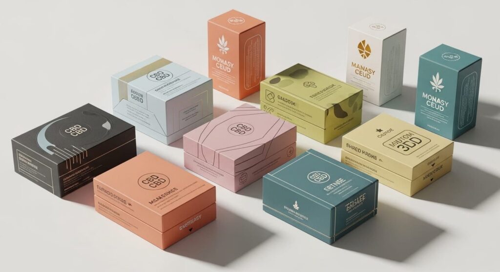 Custom CBD boxes showing modern packaging, vibrant colors, detailed textures, and clear branding on a clean surface