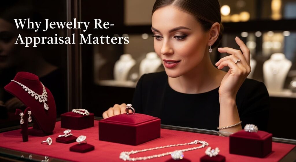 A stylish woman examining a luxurious diamond ring on a velvet display, highlighting the importance of jewelry re-appraisal for value and insurance