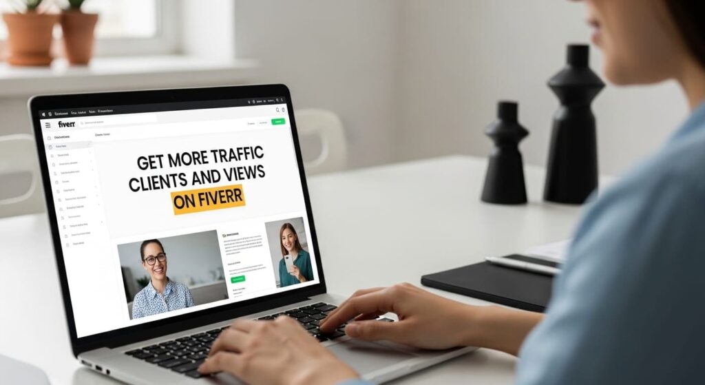 Boosting Fiverr gig with more traffic, clients, and views on laptop