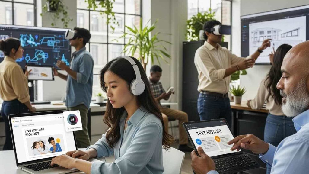 People using laptops and tablets with AI tools assisting accessibility, showing modern technology transforming learning
