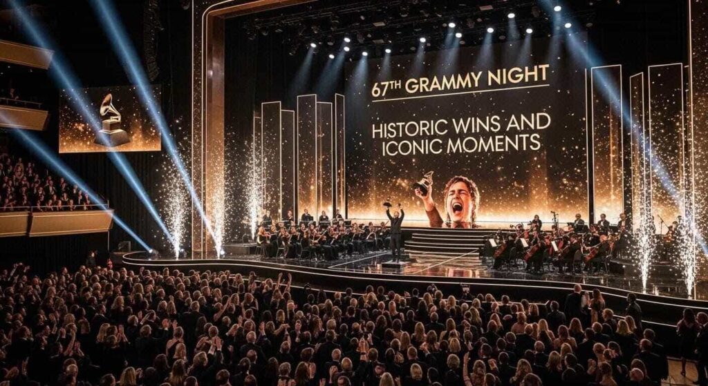 Grand Grammy award stage celebration with winner holding trophy under bright lights