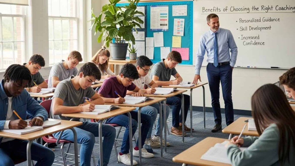 Students studying attentively with a professional coach, representing the benefits of choosing right coaching for government exam preparation