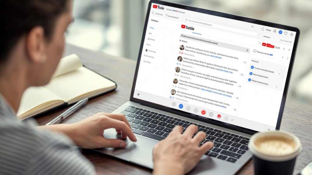 User navigating YouTube on a laptop to find their comments in the comments section