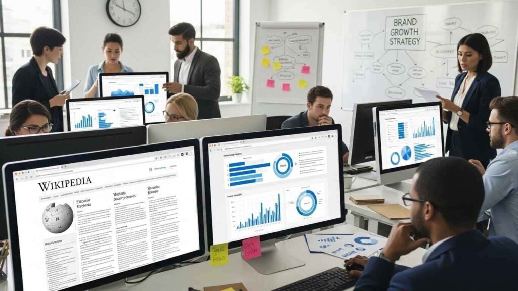 Team of experts analyzing Wikipedia pages to boost brand credibility and growth