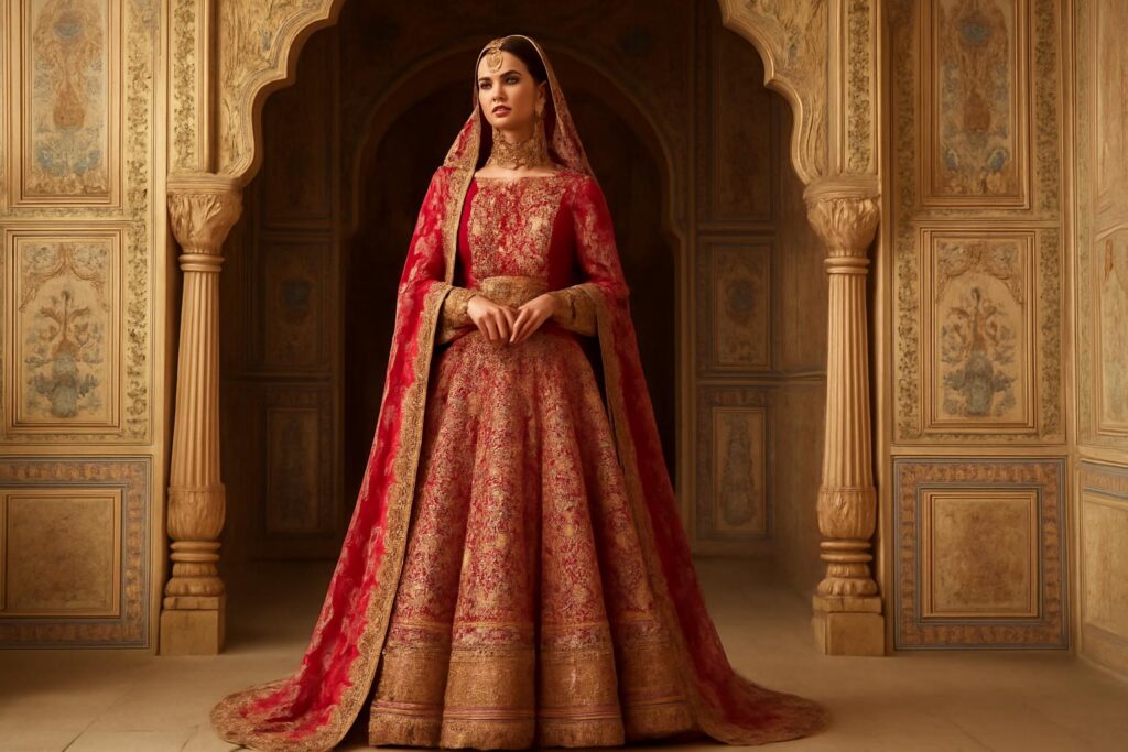 Pakistani bride in a red and gold Mughal-inspired lehenga, standing by a palace doorway