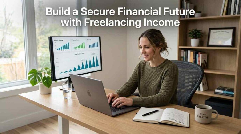 Freelancer using laptop in home office with growth charts showing income from freelancing work