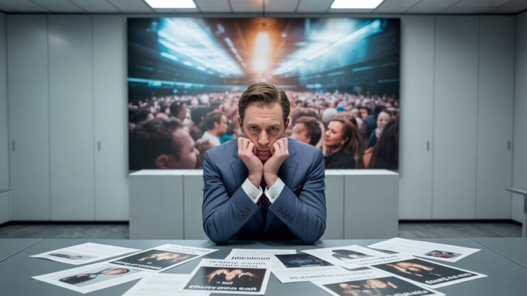 Andy Byron stressed in office, surrounded by affair headlines