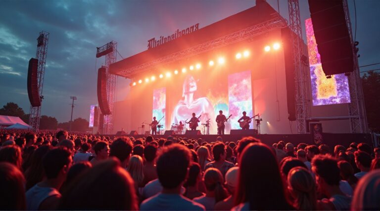A diverse crowd enjoying a live concert at Lollapalooza, with a couple in the foreground. The stage is vibrant with dynamic lights and large screens