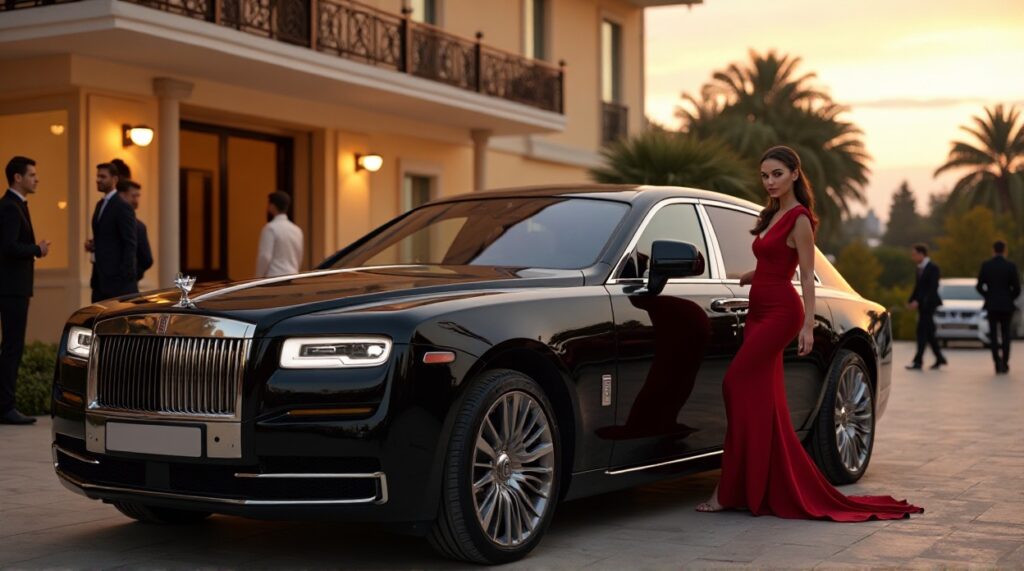 Glamorous woman standing beside a black luxury car with chauffeur at upscale hotel entrance