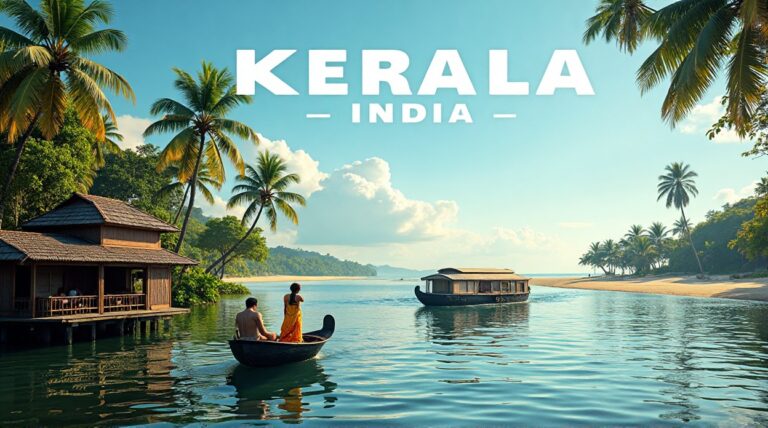 Kerala backwaters with a houseboat, a couple in vibrant attire, and a beach view