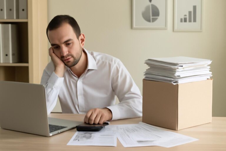 A young man surrounded by financial documents, showing frustration, symbolizing bookkeeping negligence