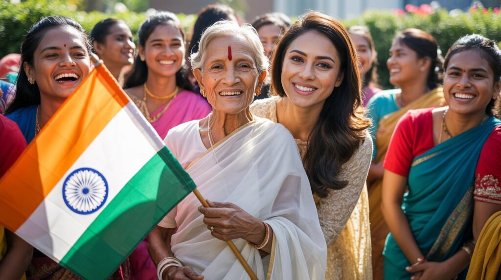 Grandmother and women celebrating Har Ghar Tiranga with Indian flag