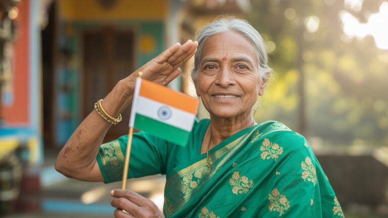 Elderly Indian grandmother in saree saluting the Indian flag