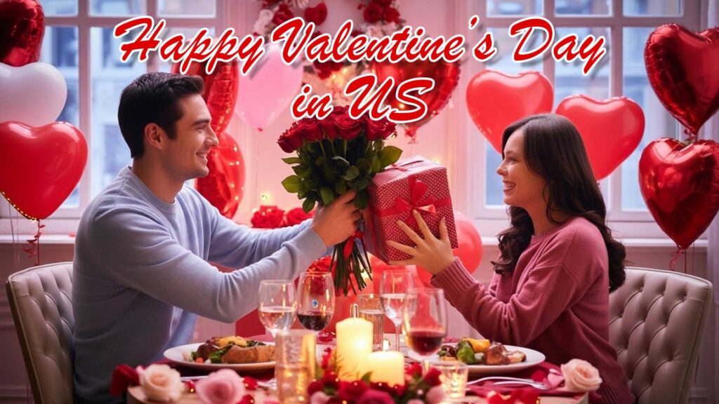 Couple celebrating Valentine’s Day in the US with gifts, flowers, and romantic decorations in a festive red and pink atmosphere