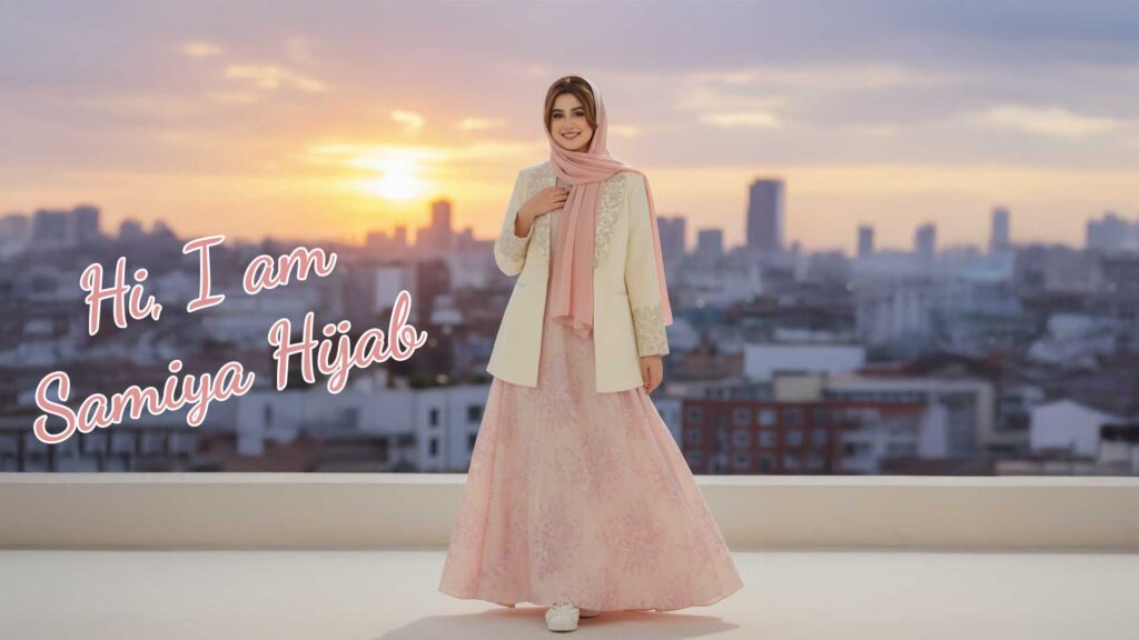 Samiya Hijab confidently wearing trendy modest fashion in an urban sunset setting