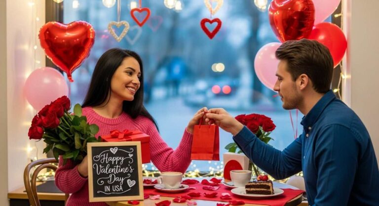 Couple exchanging gifts on Valentine’s Day in a cozy US setting