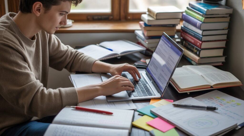 Student writing clearly with organized notes and books around