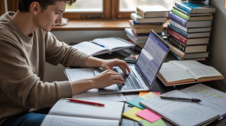 Student writing clearly with organized notes and books around