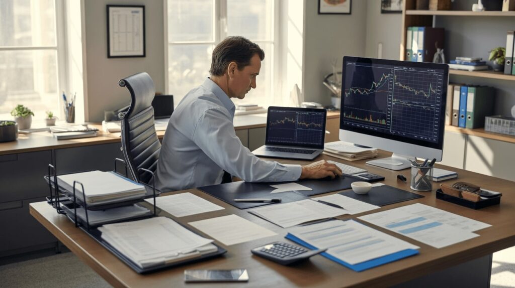 Trader reviewing trading charts and organized tax documents