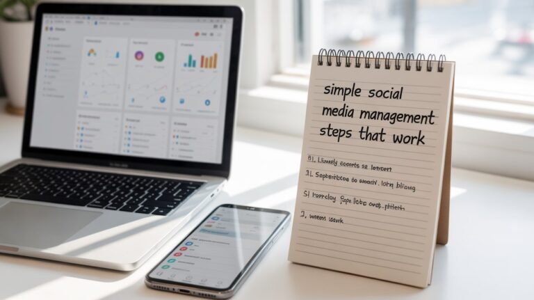 Social media planning on laptop desk