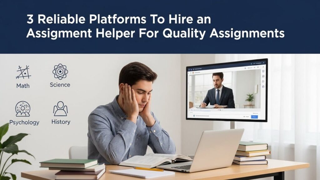 Student receiving online assignment help from experts on 3 reliable platforms in Canada, surrounded by books and a laptop