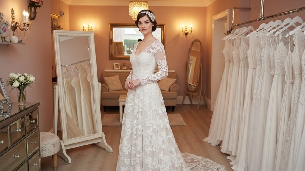 Bride model wearing a vintage-style wedding gown with lace and hand-embroidered details in a UK bridal boutique. Antique mirrors, pastel décor, and racks of satin, chiffon, and lace gowns create a romantic and elegant atmosphere
