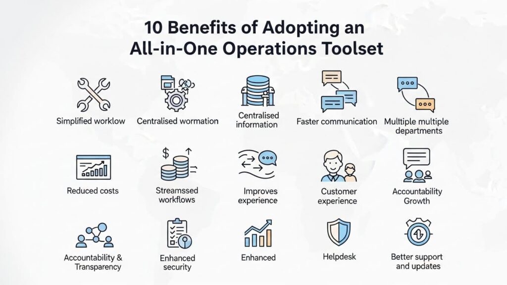 Infographic showing 10 benefits of using an all-in-one operations toolset, including streamlined workflow, centralised information, faster communication, reduced costs, improved customer experience, accountability, scalability, enhanced security, and better support