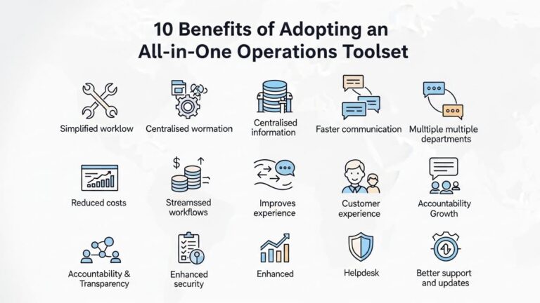 Infographic showing 10 benefits of using an all-in-one operations toolset, including streamlined workflow, centralised information, faster communication, reduced costs, improved customer experience, accountability, scalability, enhanced security, and better support