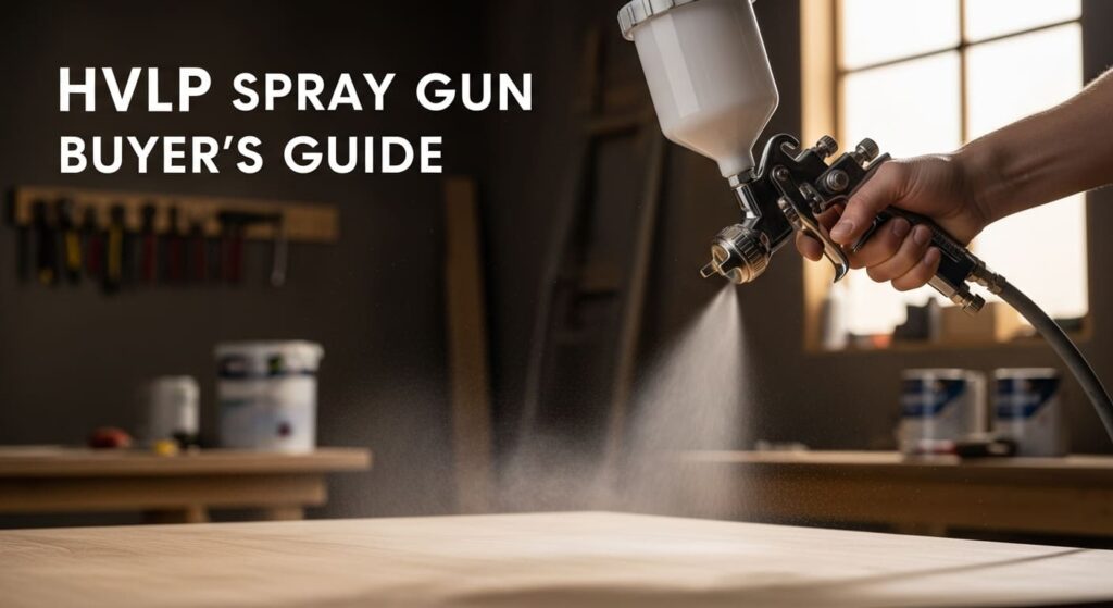 High-quality HVLP spray gun applying paint evenly on a smooth wooden surface in a well-lit workshop, showing fine mist and professional precision